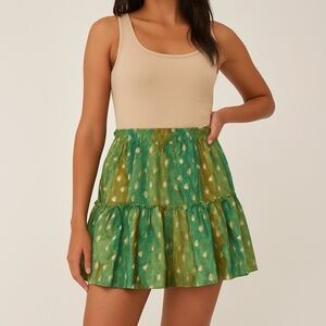 LILI & LALA Metallic Leaf Tiered Mini Skirt Green Gold Boho Medium